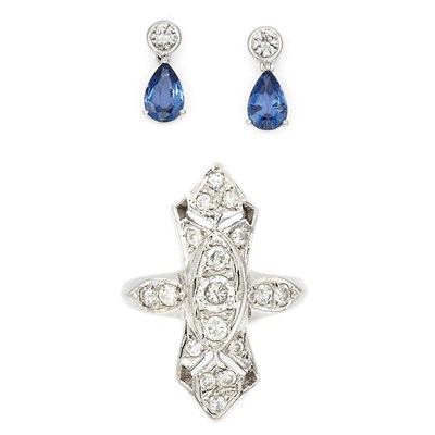 Lot 345 - Pair of White Gold, Diamond and Sapphire Earrings and Diamond Ring