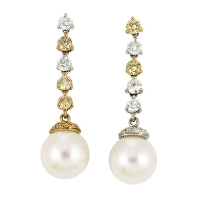Lot 129 - Pair of White and Yellow Gold, Diamond, Yellow Diamond and Cultured Pearl Pendant-Earrings