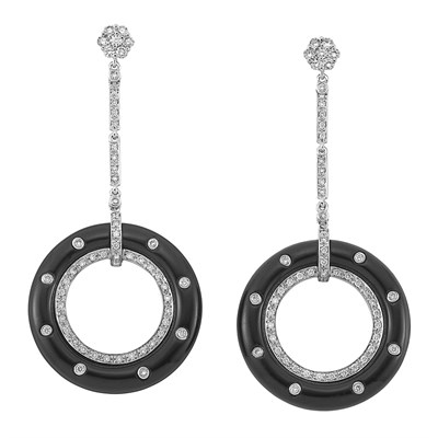 Lot 75 - Pair of White Gold, Diamond and Black Onyx Pendant-Earrings