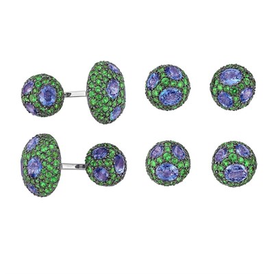 Lot 151 - Pair of White Gold, Sapphire and Green Garnet Dress Set