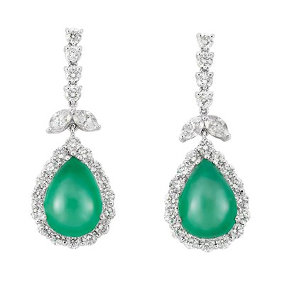 Lot 400 - Pair of White Gold, Diamond and Cabochon Emerald Pendant-Earrings