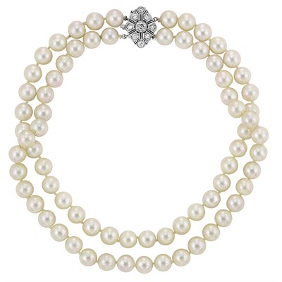 Lot 156 - Double Strand Cultured Pearl Necklace with Diamond Clasp