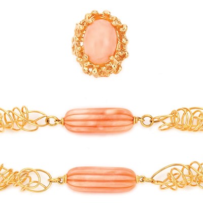Lot 28 - Gold and Carved Coral Bead Chain Necklace and Ring