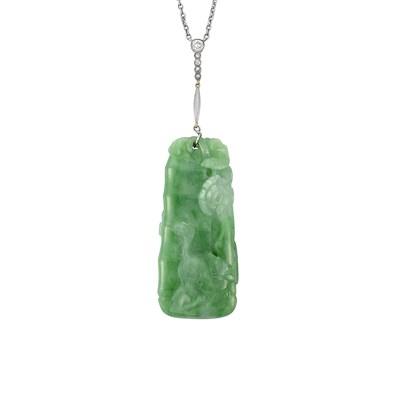 Lot 62 - Art Deco Platinum, Gold, Carved Jade and Diamond Pendant-Necklace