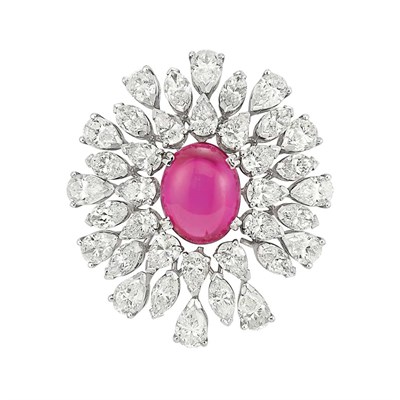 Lot 391 - Platinum, Star Ruby and Diamond Pendant with Chain