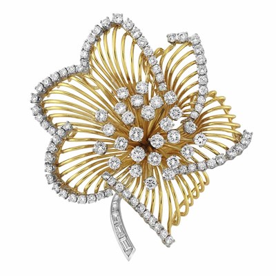 Lot 27 - Gold, Platinum and Diamond Flower Clip-Brooch