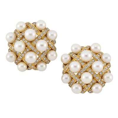 Lot 107 - Pair of Gold, Cultured Pearl and Diamond Earrings
