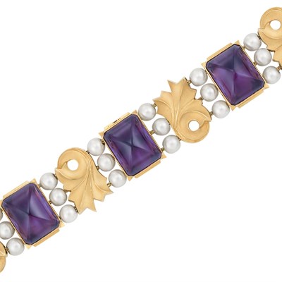 Lot 407 - Gold, Cabochon Amethyst and Cultured Pearl Bracelet