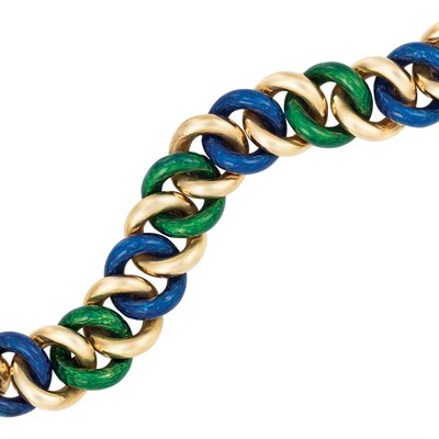 Lot 417 - Gold and Green and Blue Enamel Link Bracelet
