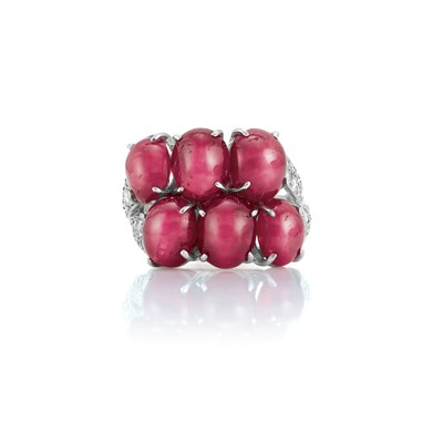 Lot 389 - Platinum, Cabochon Ruby and Diamond Ring, Harry Winston