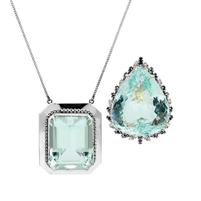 Lot 330 - White Gold, Aquamarine, Diamond and Sapphire Ring and Aquamarine Pendant with Sterling Silver Chain