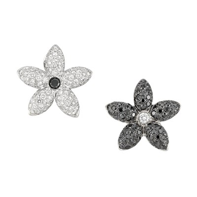Lot 106 - Pair of White Gold, Diamond and Black Diamond Flower Earclips