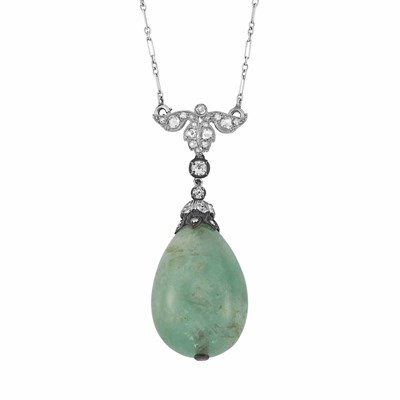 Lot 50 - Antique Emerald, Silver and Diamond Pendant with Platinum and Diamond Chain