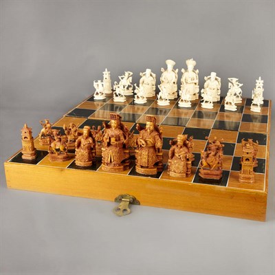 Lot 122 - Chinese Carved Ivory and Boxwood Chess Set;...