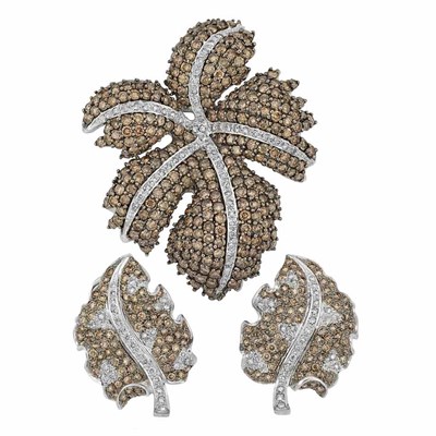 Lot 218 - White Gold, Brown Diamond and Diamond Leaf Clip-Brooch and Pair of Earclips