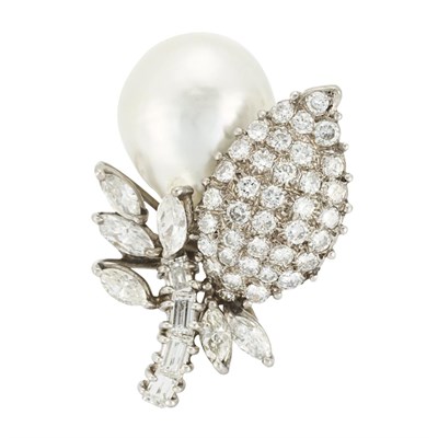 Lot 117 - White Gold, Baroque Cultured Pearl and Diamond Ring