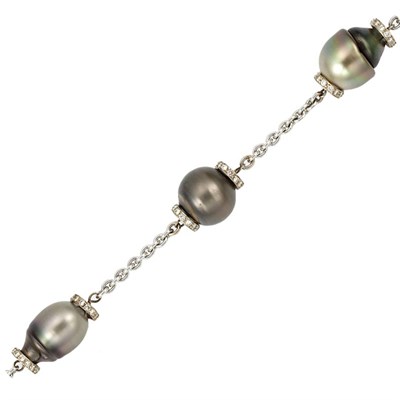 Lot 285 - White Gold, Gray Baroque Cultured Pearl and Diamond Chain Necklace