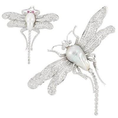 Lot 337 - Two White Gold, Baroque Freshwater Pearl and Diamond Dragonfly Brooches