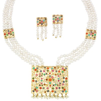 Lot 743 - Triple Strand Biwa Pearl, Gold and Gem-Set Necklace and Pair of Fringe Earrings