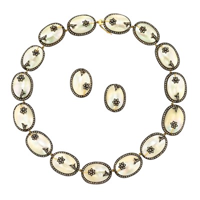 Lot 110 - Gold, Blackened Silver, Mother-of-Pearl and Diamond Necklace and Pair of Earrings