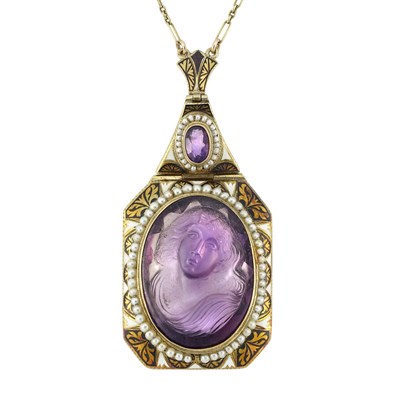 Lot 137 - Antique Gold, Amethyst Cameo, Seed Pearl and Enamel Pendant-Necklace