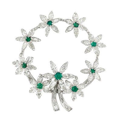 Lot 510 - Platinum, Diamond and Emerald Wreath Pendant-Brooch