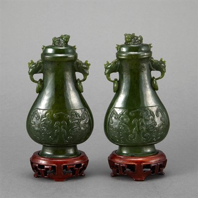 Lot 569 - Pair of Chinese Spinach Jade Covered Vases...