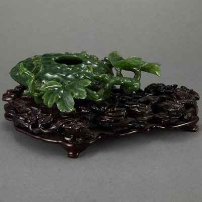 Lot 570 - Chinese Spinach Jade Gourd-Form Ink Pot Carved...