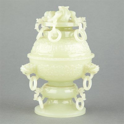 Lot 687 - Chinese Celadon Jade Covered Bowl The globular...