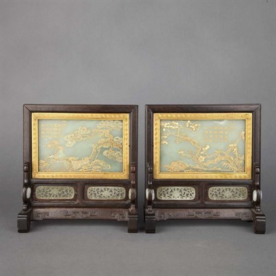 Lot 691 - Pair of Chinese Jade Table Screens Each of...