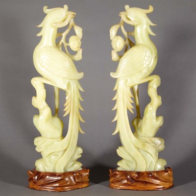 Lot 706 - Pair of Chinese Celadon Jade Birds Each carved...