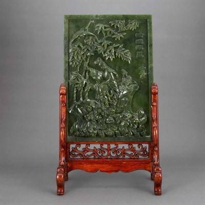 Lot 703 - Chinese Spinach Green Jade Table Screen The...