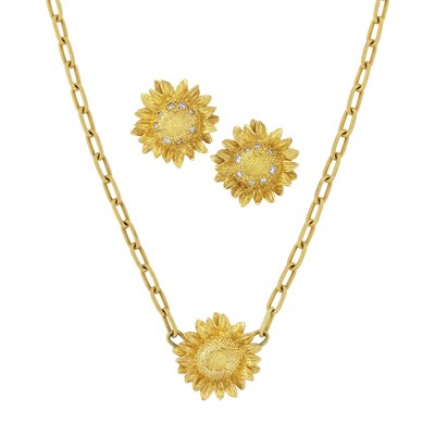 Lot 212 - Gold Sunflower Pendant-Necklace and Pair of Gold and Diamond Earrings, Asprey
