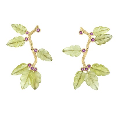 Lot 15 - Pair of Gold, Carved Green Quartz and Ruby Leaf Earrings