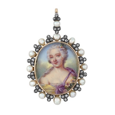 Lot 53 - Antique Gold, Silver, Pearl and Diamond Portrait Miniature Pendant