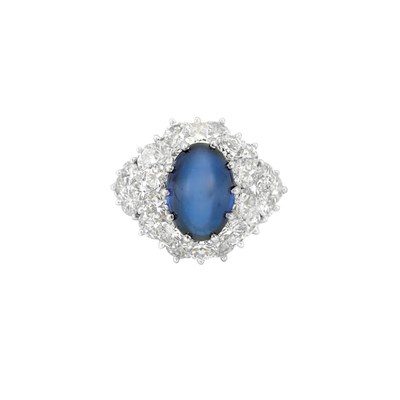 Lot 149 - Platinum, Cabochon Sapphire and Diamond Ring