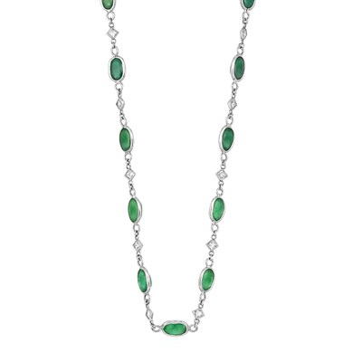 Lot 163 - Long Platinum, Emerald and Diamond Chain Necklace