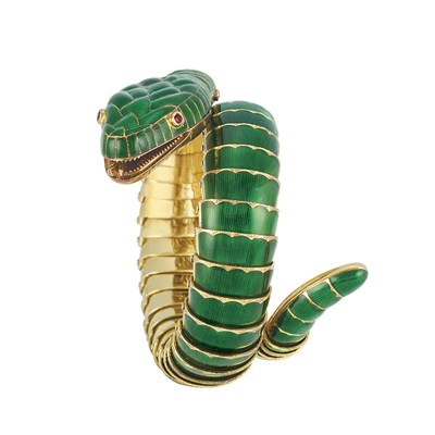 Lot 423 - Gold and Green Enamel Snake Bracelet