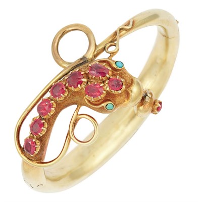 Lot 128 - Gold, Ruby and Turquoise Snake Bangle Bracelet