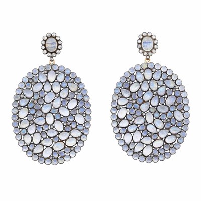 Lot 145 - Pair of Silver, Gold and Moonstone Pendant-Earrings