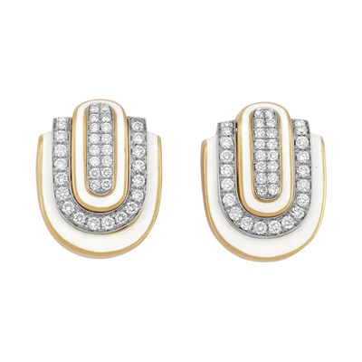 Lot 427 - Pair of Gold, Platinum, White Enamel and Diamond Earclips, David Webb