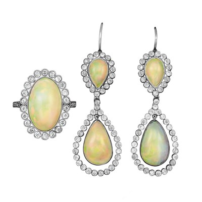 Lot 155 - Pair of Platinum, Opal and Diamond Pendant-Earrings and Ring