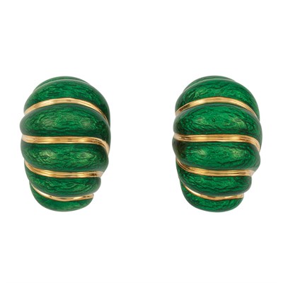 Lot 424 - Pair of Gold and Green Enamel Shrimp Earclips, David Webb