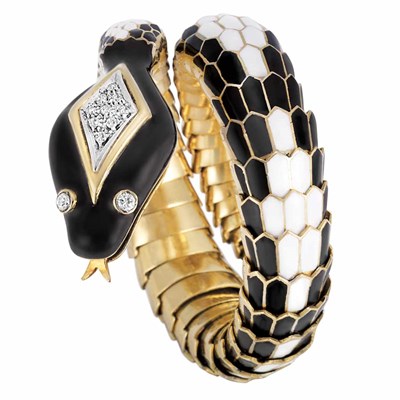 Lot 429 - Gold, Black and White Enamel and Diamond Snake Bracelet
