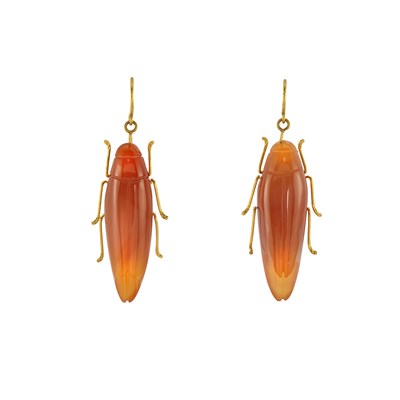 Lot 39 - Pair of Gold and Carnelian Cicada Pendant-Earrings
