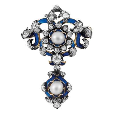 Lot 45 - Antique Gold, Silver, Pearl, Diamond and Enamel Pendant-Brooch