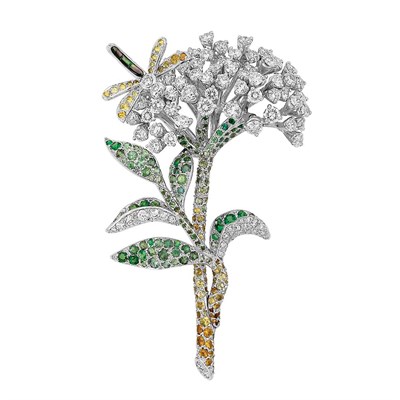 Lot 448 - White Gold, Diamond, Green Garnet and Yellow Sapphire Flower Brooch, Christian Dior