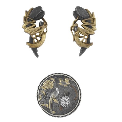 Lot 44 - Antique Japanese Shakudo Pin and Pair of Earclips