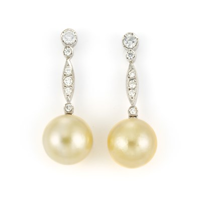 Lot 340 - Pair of White Gold, Diamond and Golden Cultured Pearl Pendant-Earrings