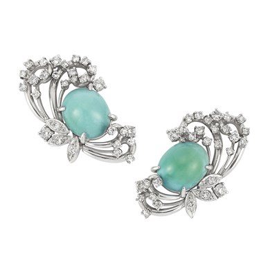 Lot 227 - Pair of White Gold, Turquoise and Diamond Earclips